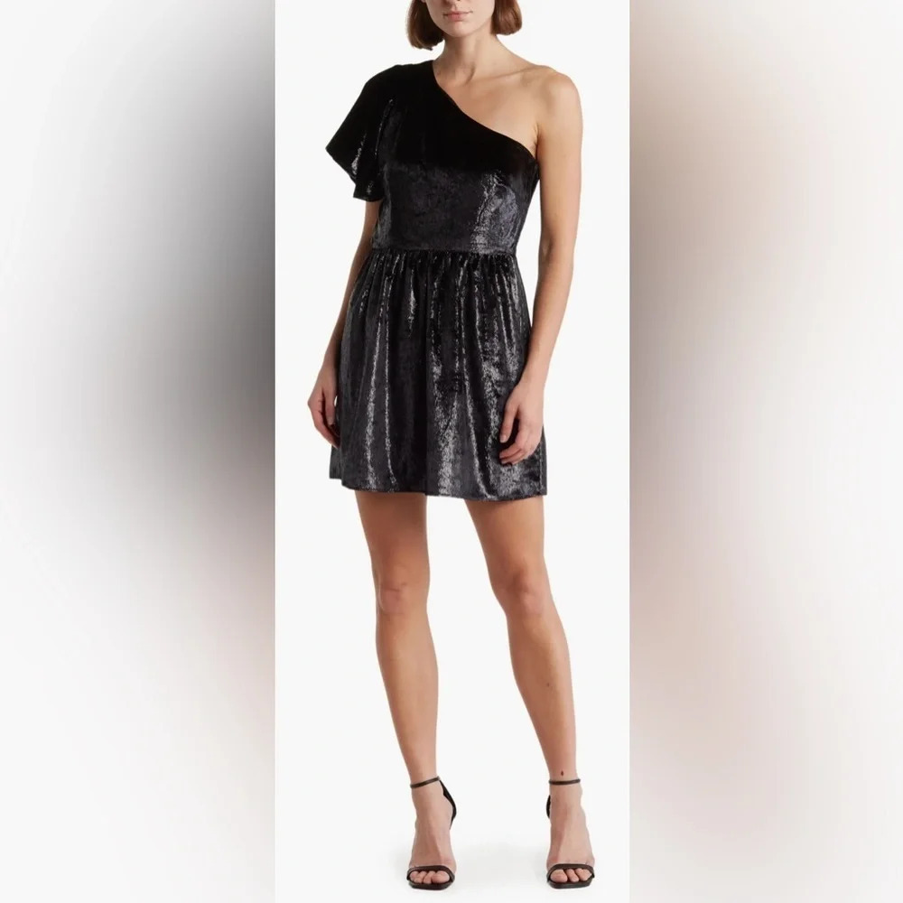 Seven One Shoulder Metallic Velour Fit & Flare Dress
